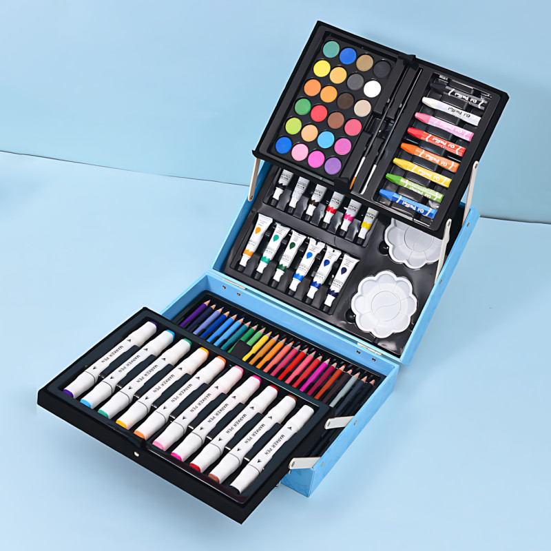 Набор для рисования Art Set, карандаши, маркеры, краски в пластиковом голубом чемоданчике, 82 предмета фото - 3