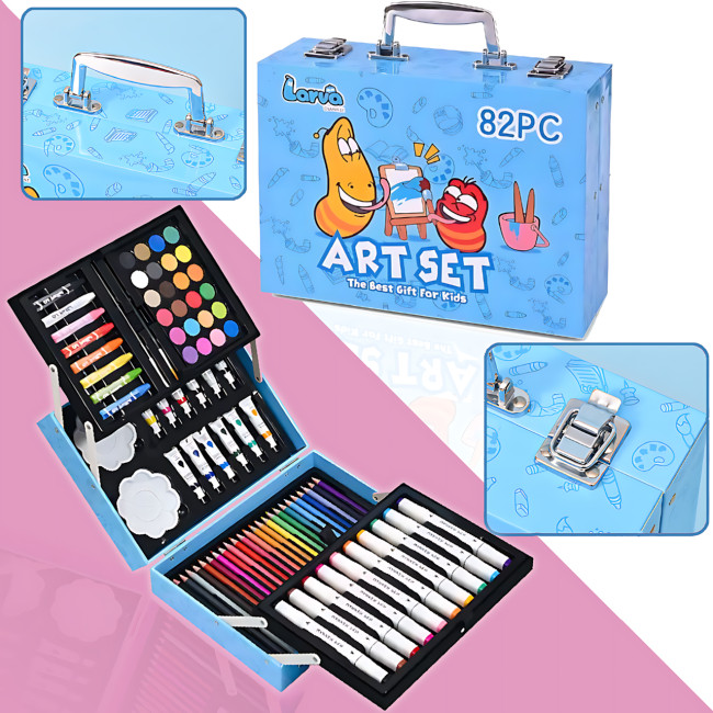 Набор для рисования Art Set, карандаши, маркеры, краски в пластиковом голубом чемоданчике, 82 предмета