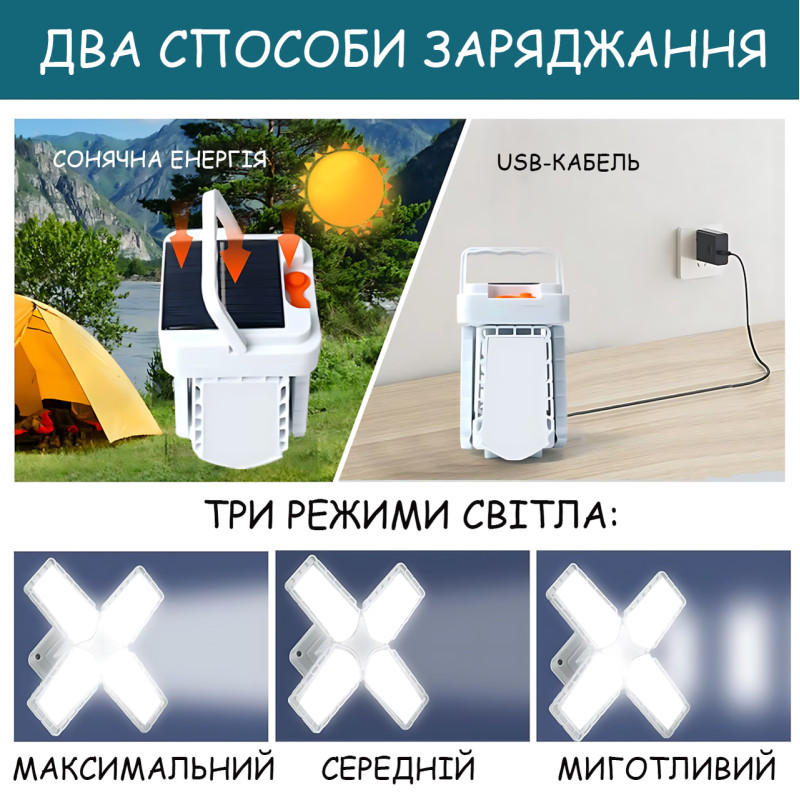 Акумуляторний кемпінговий ліхтар TORCH BL-2030 із сонячною панеллю та USB-зарядкою, ручний та підвісний, LED-лампа 4 секції фото - 6