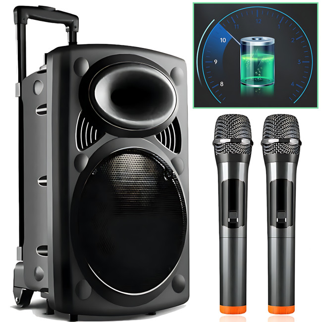Портативна колонка Su-Kam BT 150D + 2 мікрофони, велика колонка 12v/220v з Bluetooth на акумуляторі