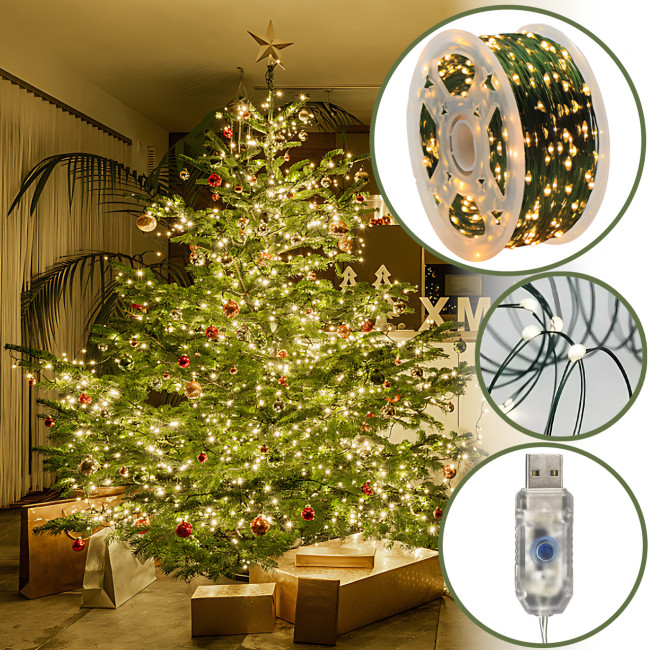 Гірлянда Роса ЗЕЛЕНА USB 10 м, 100 LED, на гнучкому зеленому дроті, 8 режимів, IP20, декоративна мікрогірлянда AND 5335