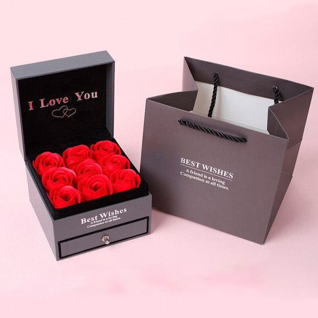 Подарочная шкатулка для украшений с розами из мыла ROSE best Wishes, из 9 красных роз. фото - 1