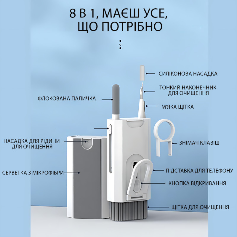 Набір для чищення ґаджетів 8-в-1 Cleaning Brush AND869 — для клавіатур, навушників, екранів, з мікрофіброю фото - 4