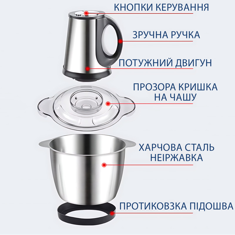 Подрібнювач кухонний Hoffmans HM-8829, 1000 Вт, 3 л, м'ясорубка, неіржавка сталь, 3 швидкості фото - 6