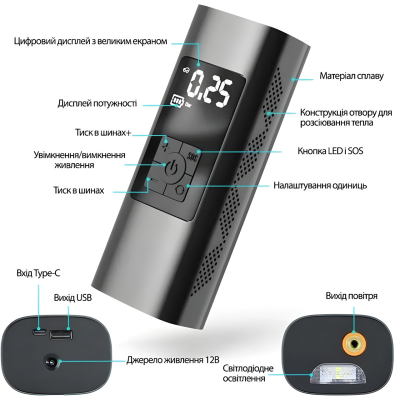 Акумуляторний портативний компресор для велосипедів і автомобілів air pump CZCQ-101, 6000 mAh, 10.3 Bar фото - 4