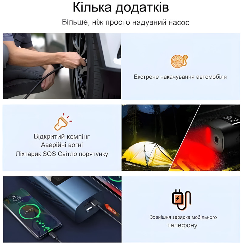 Акумуляторний портативний компресор для велосипедів і автомобілів air pump CZCQ-101, 6000 mAh, 10.3 Bar фото - 5