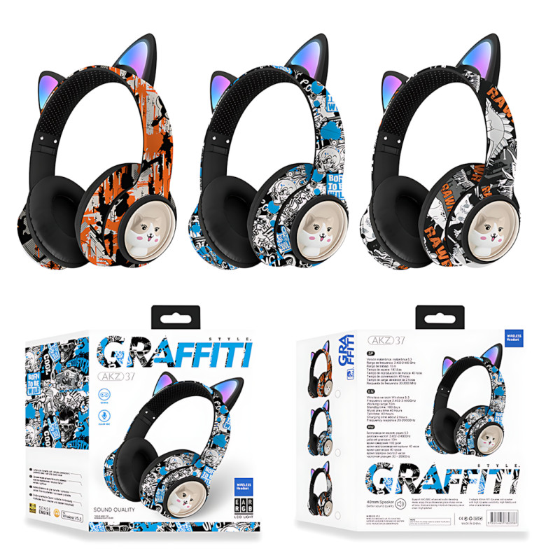 Беспроводные накладные наушники GRAFFITI AKZ-37, с кошачьими ушками и Led подсветкой, микрофоном фото - 10