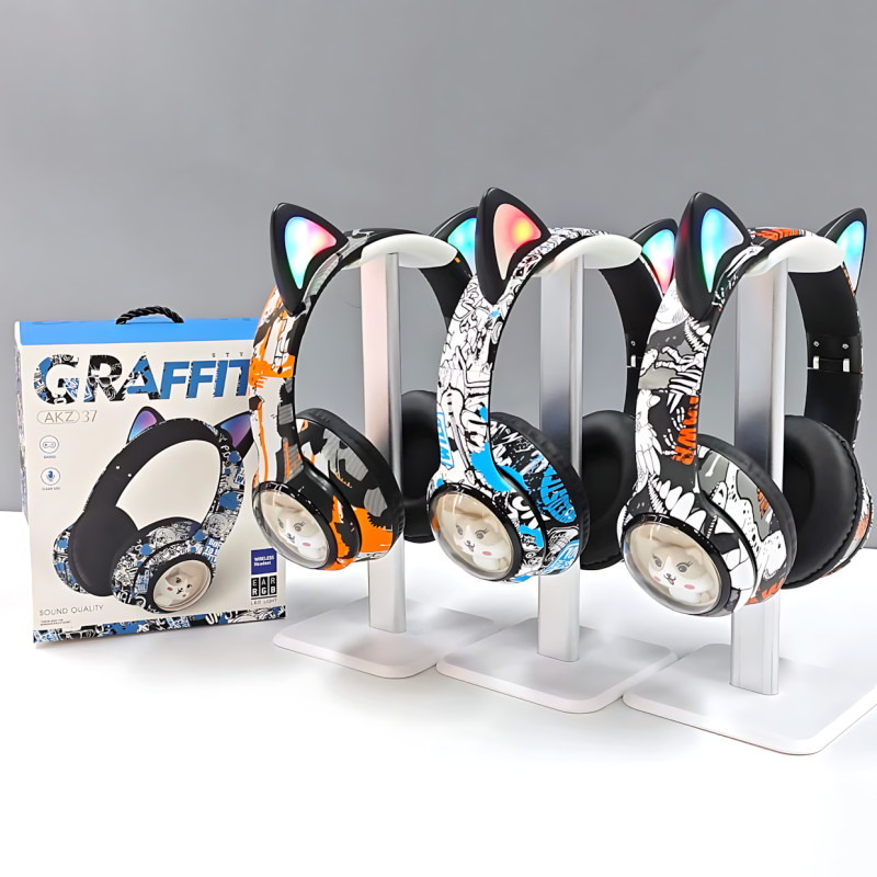 Беспроводные накладные наушники GRAFFITI AKZ-37, с кошачьими ушками и Led подсветкой, микрофоном фото - 9