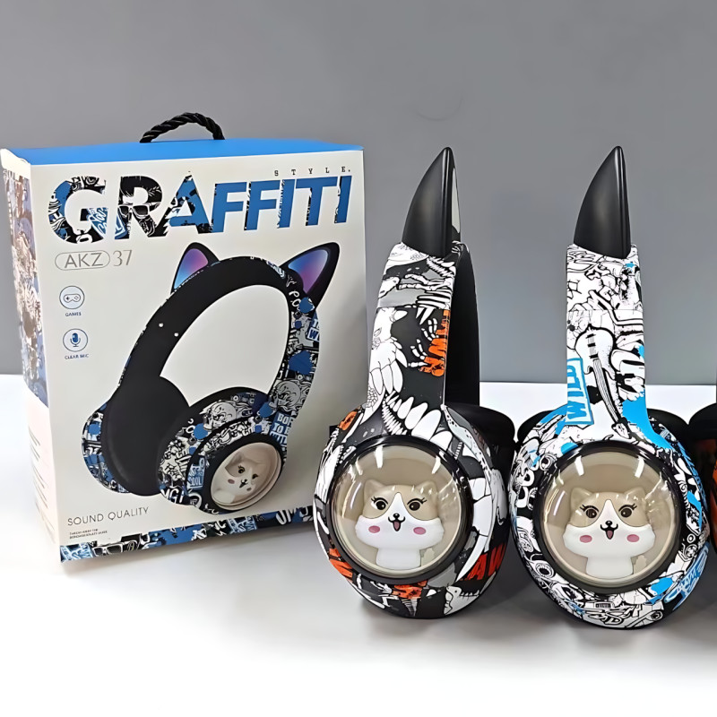 Беспроводные накладные наушники GRAFFITI AKZ-37, с кошачьими ушками и Led подсветкой, микрофоном фото - 7