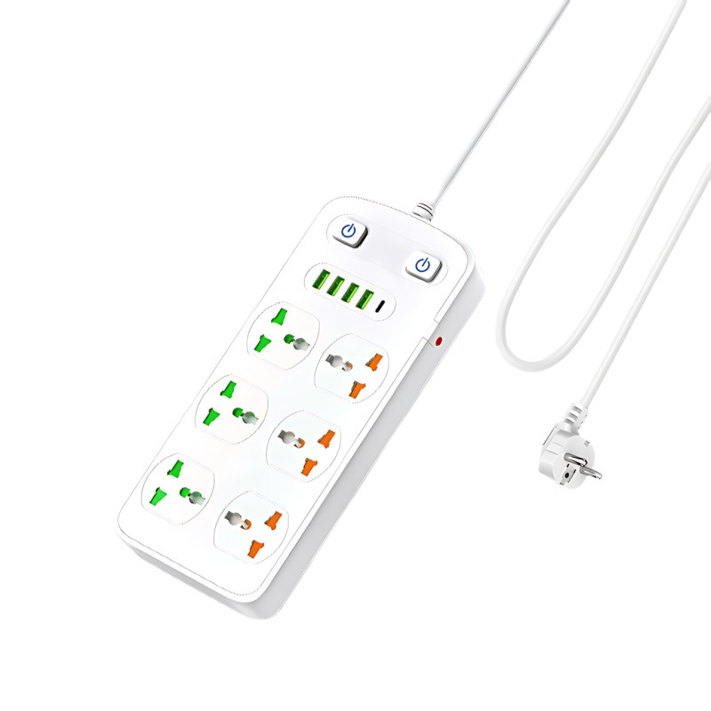 Подовжувач AR CP05: 6 розеток + 4 USB (USB-C), 2500 Вт, 2 м, захист від дітей, білий фото - 2