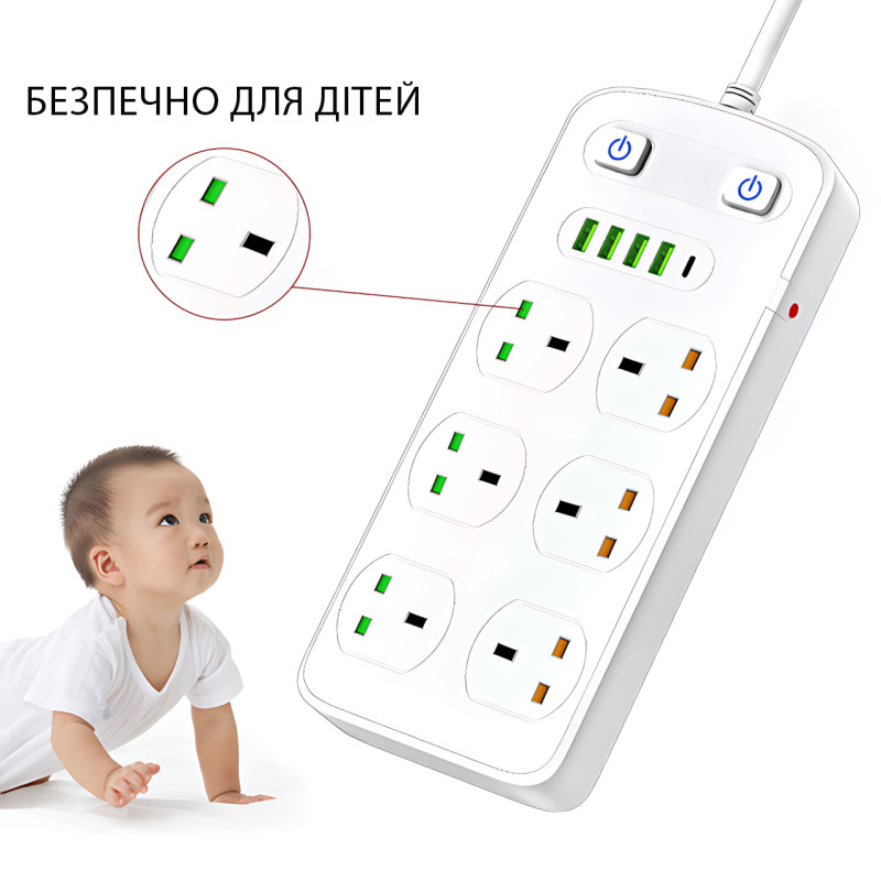 Подовжувач AR CP05: 6 розеток + 4 USB (USB-C), 2500 Вт, 2 м, захист від дітей, білий фото - 4