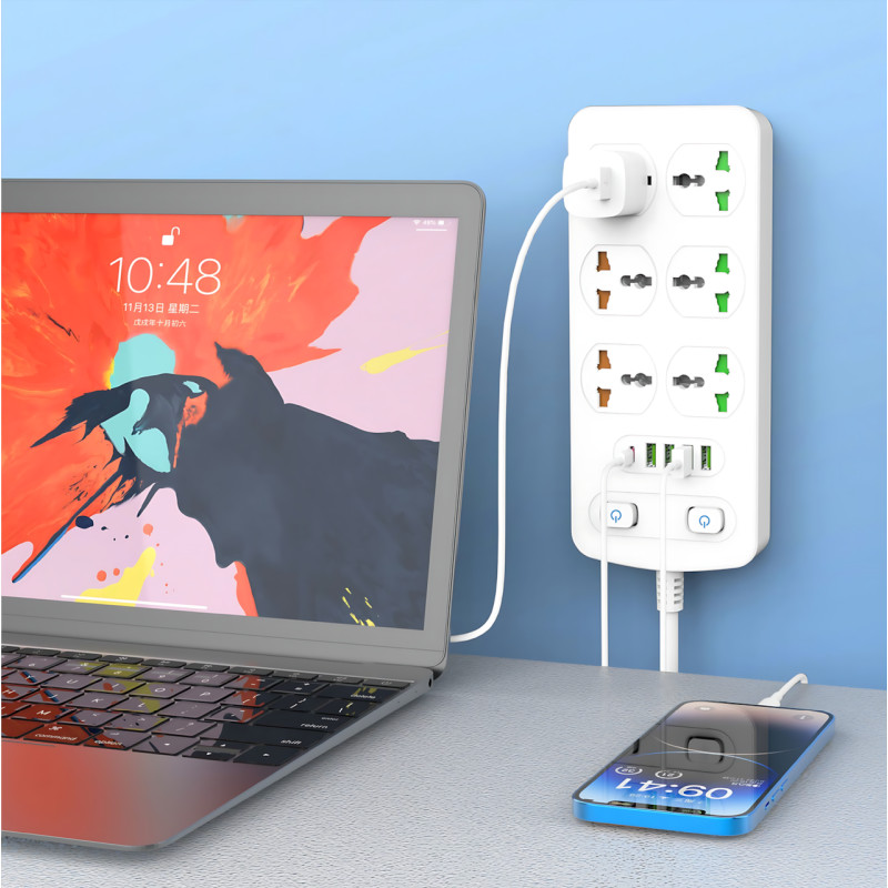 Подовжувач AR CP05: 6 розеток + 4 USB (USB-C), 2500 Вт, 2 м, захист від дітей, білий фото - 7