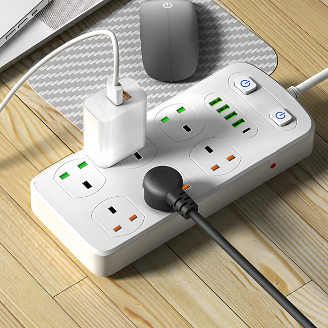 Подовжувач AR CP05: 6 розеток + 4 USB (USB-C), 2500 Вт, 2 м, захист від дітей, білий