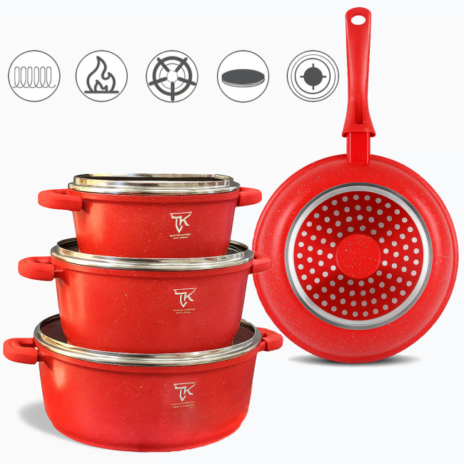 Набор посуды Top Kitchen TK00076, 7 предметов — кастрюли с мраморным антипригарным покрытием, алюминий, стекло Красный