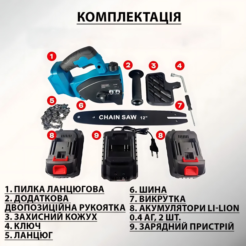 Аккумуляторная цепная пила AND 1155 12" (30 см), бесщеточная, 21V, 2 АКБ 4.0 Ач, кейс, защитный кожух фото - 10