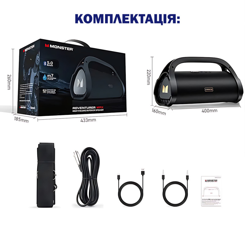 Портативная колонка Bluetooth MONSTER ADVENTURER MAX MS22101, стерео динамик 2x30W, черный фото - 9