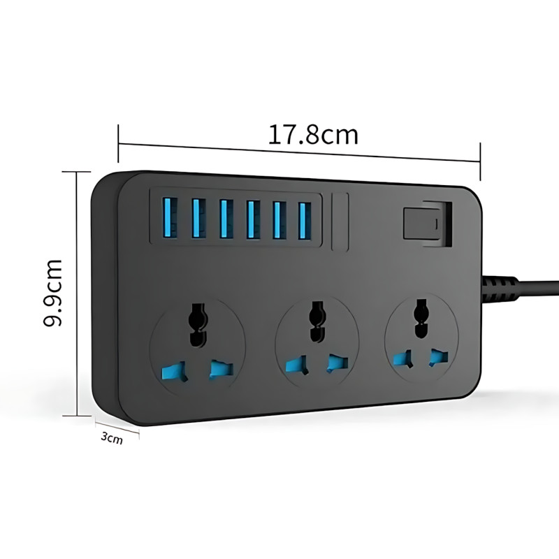 Подовжувач AR CP02 3 розетки + 6 USB, 2 м, 3000 Вт, із захистом і вимикачем, чорний фото - 8