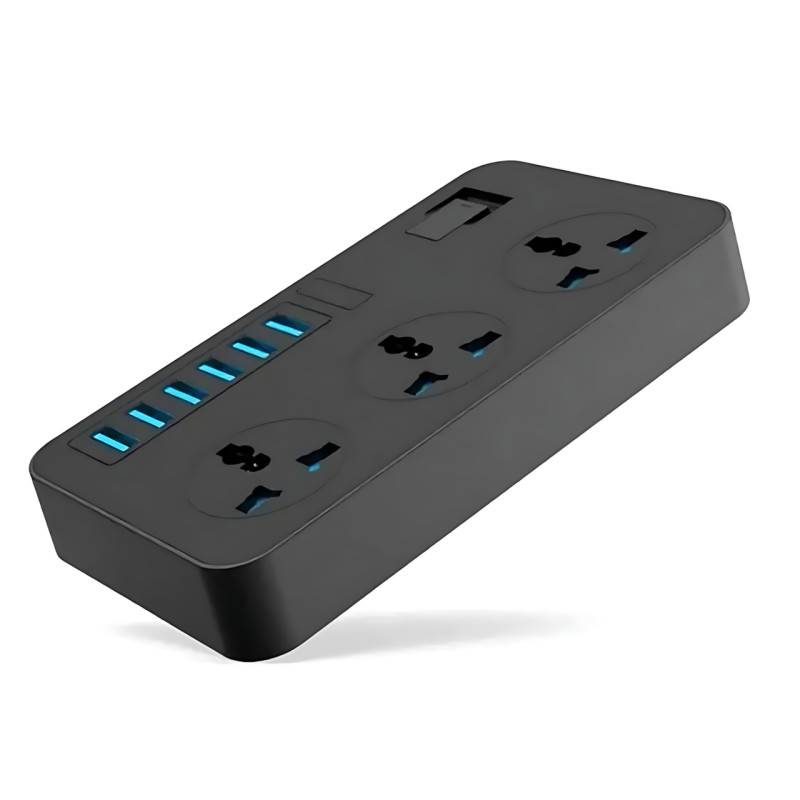 Подовжувач AR CP02 3 розетки + 6 USB, 2 м, 3000 Вт, із захистом і вимикачем, чорний фото - 2
