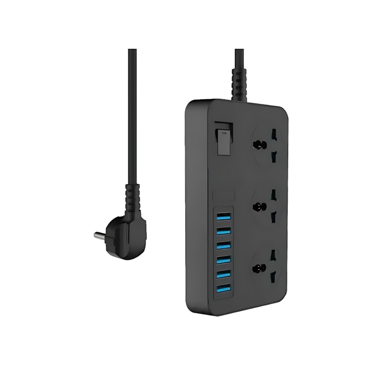 Подовжувач AR CP02 3 розетки + 6 USB, 2 м, 3000 Вт, із захистом і вимикачем, чорний фото - 4