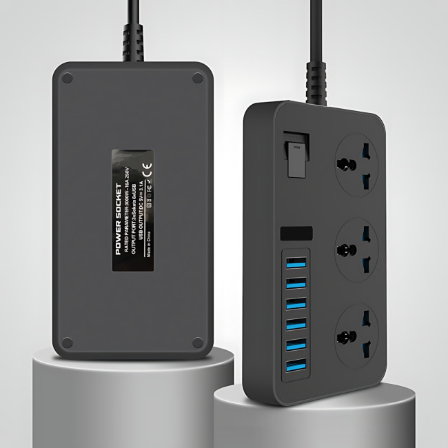 Подовжувач AR CP02 3 розетки + 6 USB, 2 м, 3000 Вт, із захистом і вимикачем, чорний