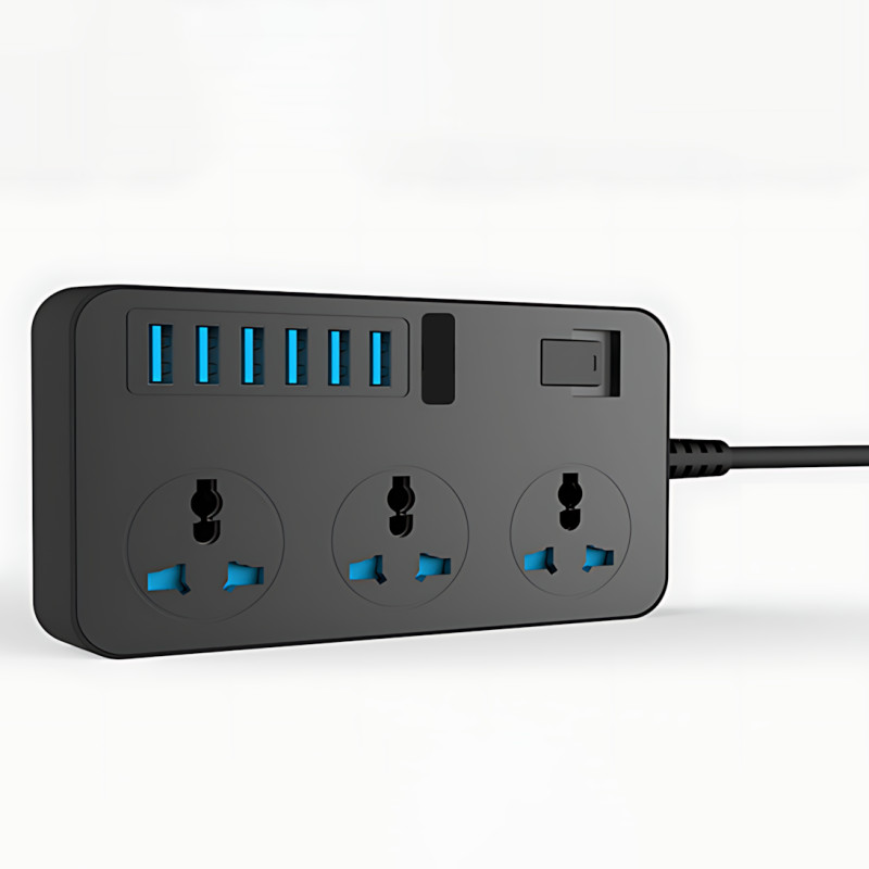 Подовжувач AR CP02 3 розетки + 6 USB, 2 м, 3000 Вт, із захистом і вимикачем, чорний фото - 3
