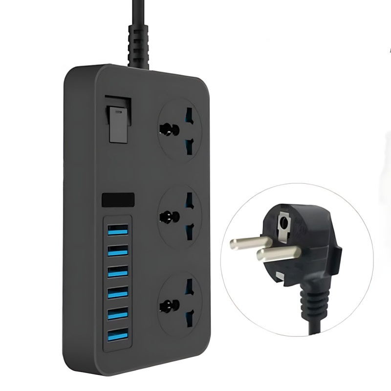 Подовжувач AR CP02 3 розетки + 6 USB, 2 м, 3000 Вт, із захистом і вимикачем, чорний фото - 7