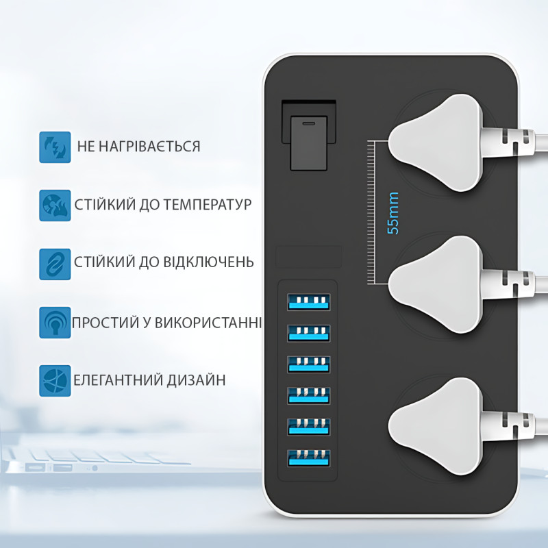 Подовжувач AR CP02 3 розетки + 6 USB, 2 м, 3000 Вт, із захистом і вимикачем, чорний фото - 5