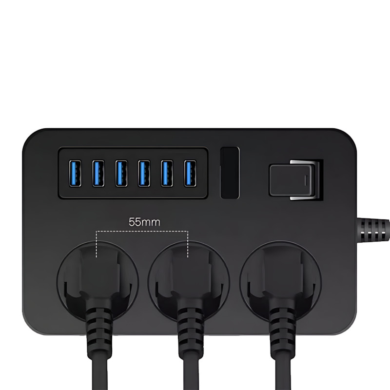 Подовжувач AR CP02 3 розетки + 6 USB, 2 м, 3000 Вт, із захистом і вимикачем, чорний фото - 6