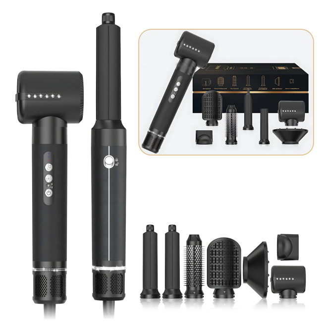 Многофункциональный фен-стайлер 7-в-1 1400 Вт, 110 000 об/мин, ионизация, холодный воздух, 3 температуры (55/75/130&deg;C), 3 скорости Черный