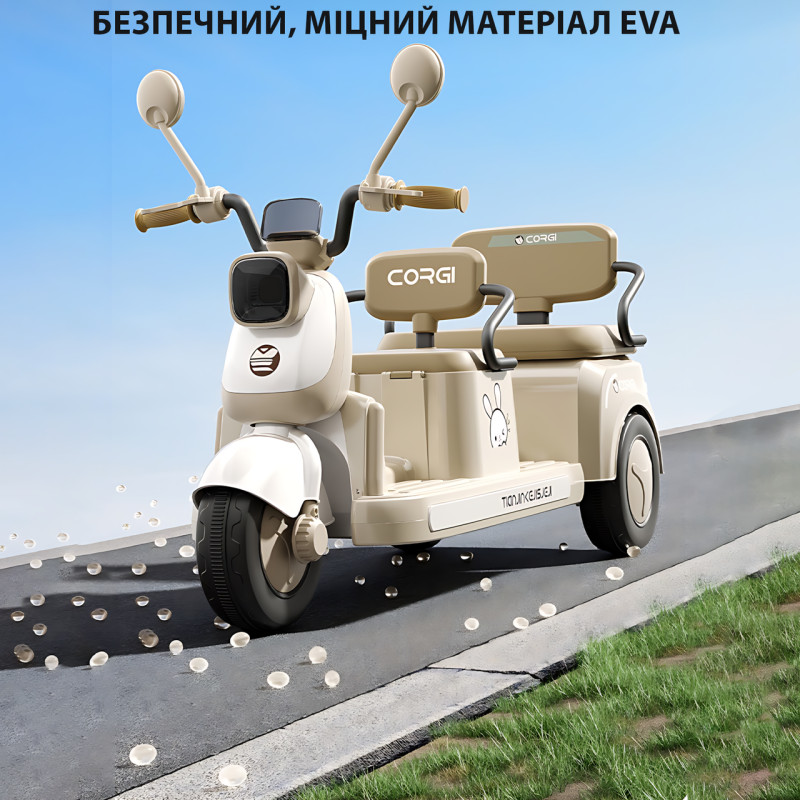 Дитячий електроскутер CORGI RideTwin 3-колісний, двомісний, з АКБ 6V 7AH, світлом і музикою, до 30 кг фото - 7