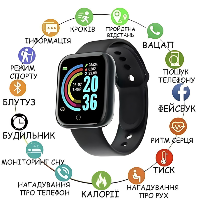 Смарт-годинник Y68S DL216, 1.3" кольоровий екран, вимірювання тиску, пульсу та SpO2, IP67, Bluetooth 4.0, FitPro, Android/iOS, 100 фото - 3