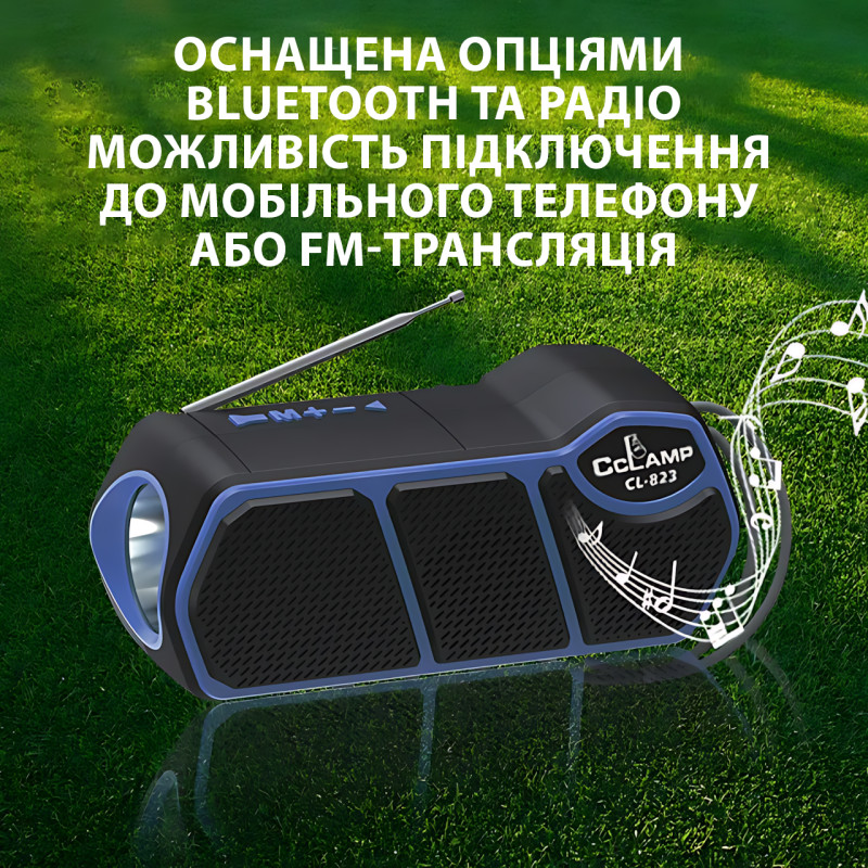 Портативна колонка із сонячною батареєю та ліхтарем CCLAMP CL-823 — Bluetooth, USB, SD, FM, 5 Вт, 1500 мА·год Зелений фото - 8