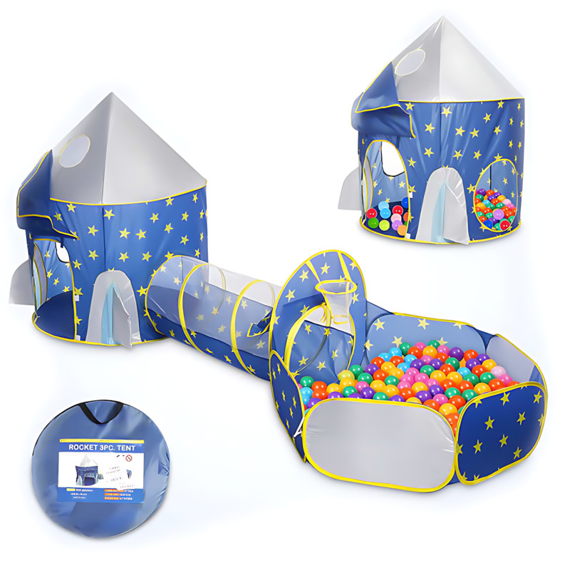 Детский игровой набор 3-в-1: домик-палатка + тоннель + манеж, складной, для дома и улицы, с москитной сеткой, синий, MA726 Blue фото - 2
