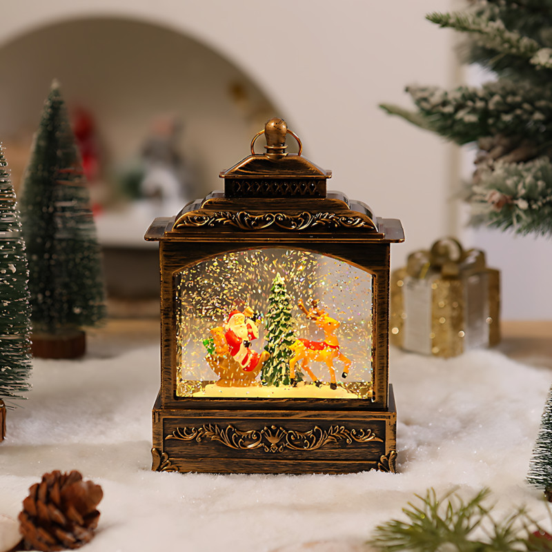 Праздничный музыкальный фонарь «Башня с Сантой, санями и оленем» 801, с подсветкой, снегопадом, музыкой, работа от ААА и USB фото - 2