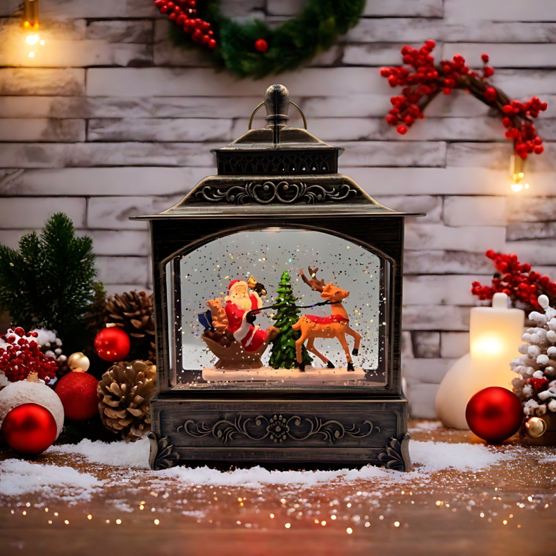 Праздничный музыкальный фонарь «Башня с Сантой, санями и оленем» 801, с подсветкой, снегопадом, музыкой, работа от ААА и USB фото - 3