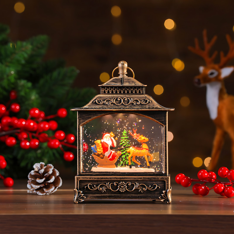 Праздничный музыкальный фонарь «Башня с Сантой, санями и оленем» 801, с подсветкой, снегопадом, музыкой, работа от ААА и USB фото - 7