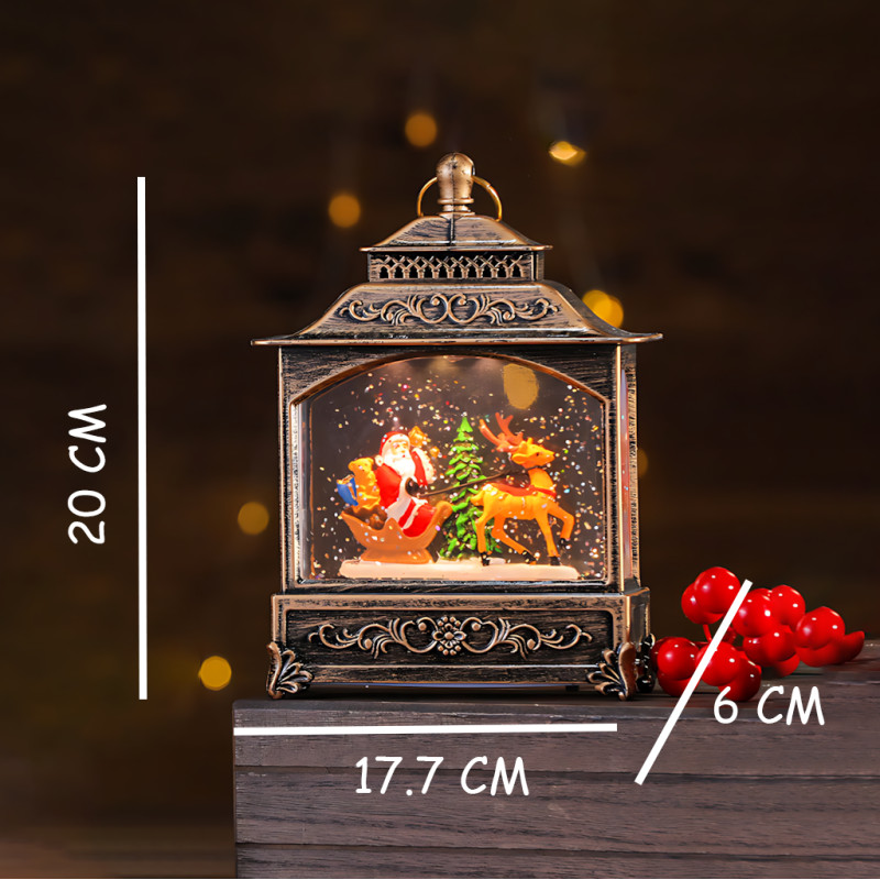 Праздничный музыкальный фонарь «Башня с Сантой, санями и оленем» 801, с подсветкой, снегопадом, музыкой, работа от ААА и USB фото - 8