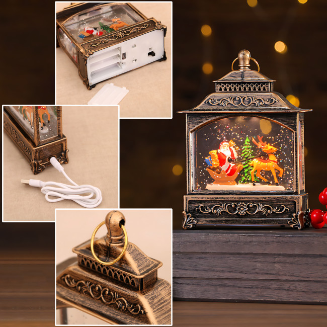 Праздничный музыкальный фонарь «Башня с Сантой, санями и оленем» 801, с подсветкой, снегопадом, музыкой, работа от ААА и USB