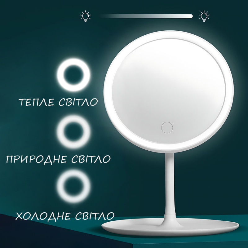 Косметическое зеркало с LED подсветкой, со встроенным аккумулятором, круглое зеркало для макияжа, белое фото - 5