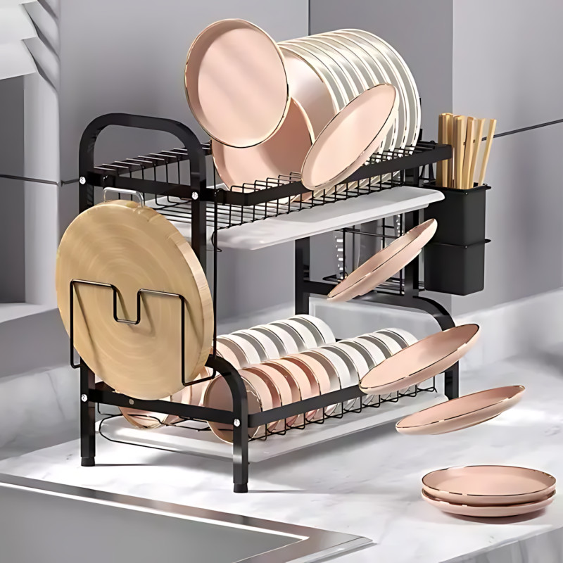 Сушарка для посуду Kitchen rack double deck design, кухонне сушіння підставка органайзер із неіржавкої сталі фото - 9