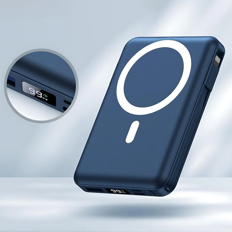 Power Bank Yiisonger KT-D011 10000 mAh, 22.5 Вт, магнитный, беспроводная зарядка 15 Вт, встроенные кабели, цифровой дисплей, синий Фиолетовый фото - 5