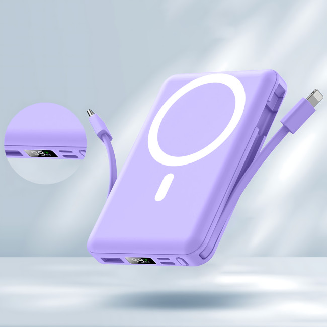 Power Bank Yiisonger KT-D011 10000 mAh, 22.5 Вт, магнитный, беспроводная зарядка 15 Вт, встроенные кабели, цифровой дисплей, синий Фиолетовый
