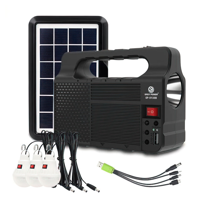 Портативна сонячна система EasyPower EP-0138B, 3600 мА/год, з функцією повербанк і виносними лампочками