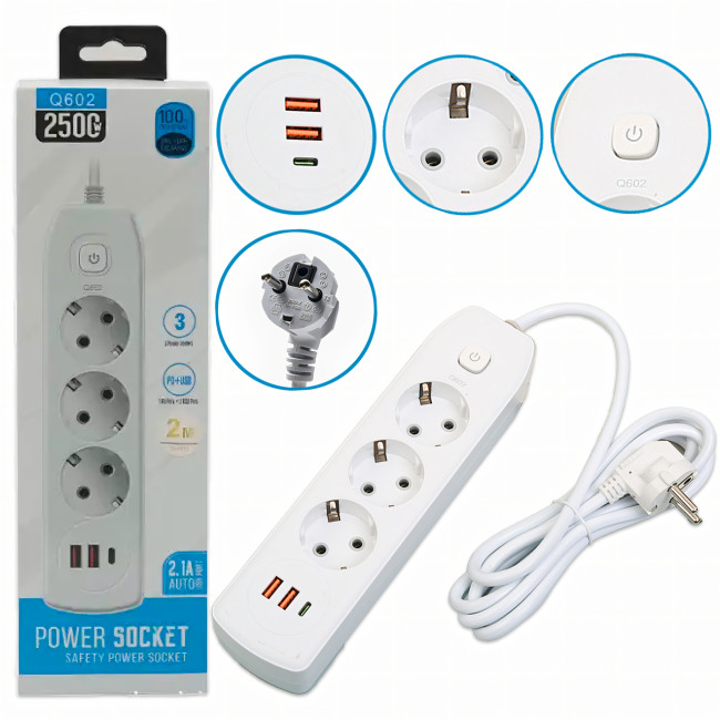 Сетевой удлинитель AND-16-20, евро на 3 розетки + 2 USB, Type-C, заземленная розетка, сетевой фильтр, белый