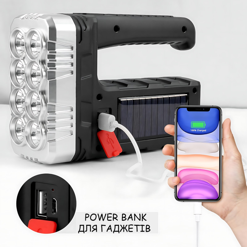 Фонарик аккумуляторный 7701A-COB на солнечной батарее, XPE + COB LED, 3 режима, Power Bank, USB / 220 В фото - 6