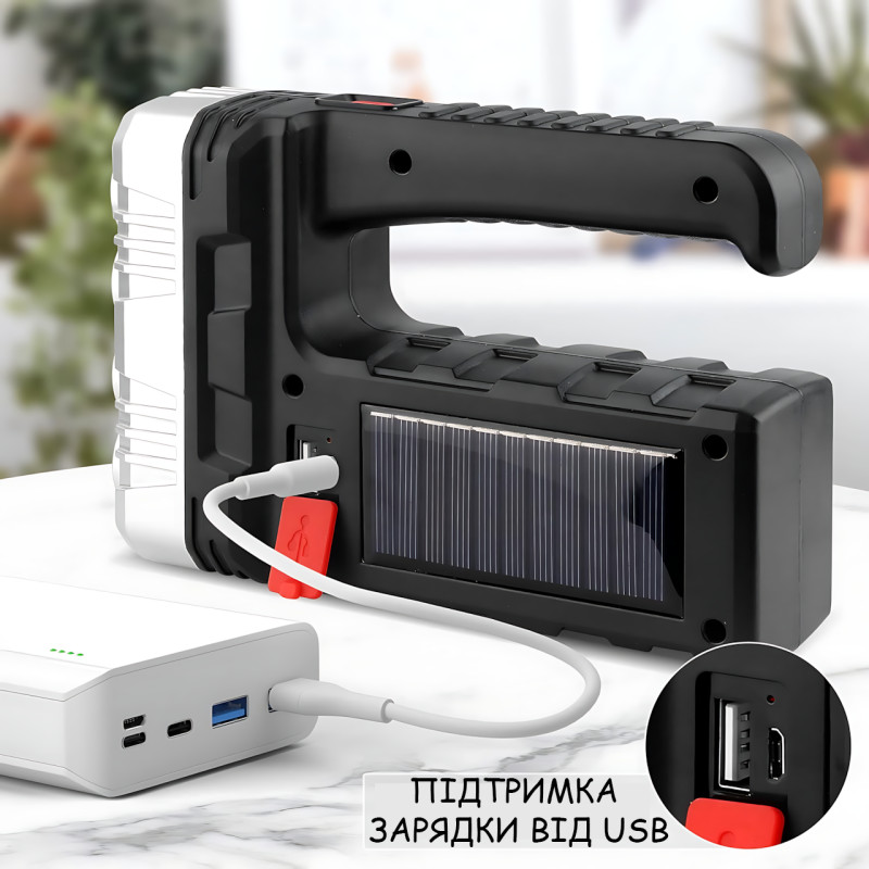 Фонарик аккумуляторный 7701A-COB на солнечной батарее, XPE + COB LED, 3 режима, Power Bank, USB / 220 В фото - 7
