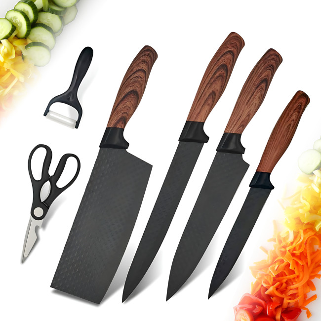 Набір кухонних ножів Kitchen Utensils HA177, 4 ножі + ножиці + овочечистка, неіржавка сталь із керамічним покриттям, SoftTouch