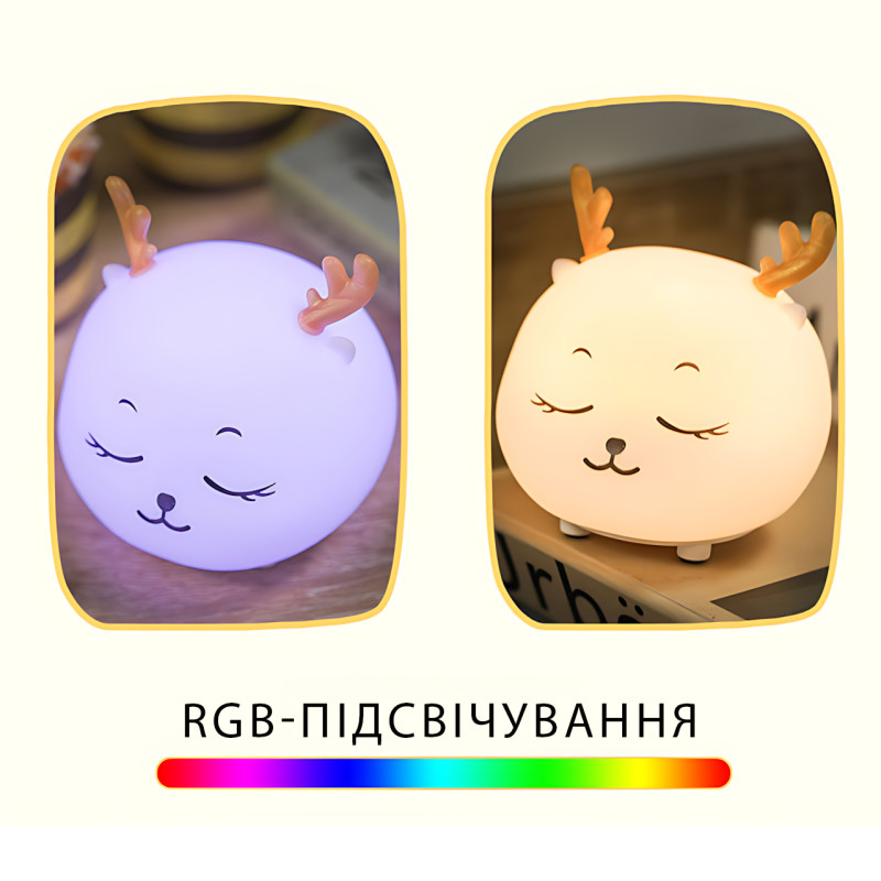 Силиконовый ночник Спящий олененок с сенсорным датчиком, аккумуляторная RGB-лампа ночник в детскую с таймером фото - 3