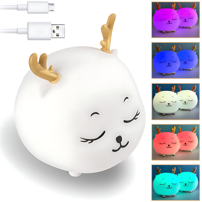 Силиконовый ночник Спящий олененок с сенсорным датчиком, аккумуляторная RGB-лампа ночник в детскую с таймером