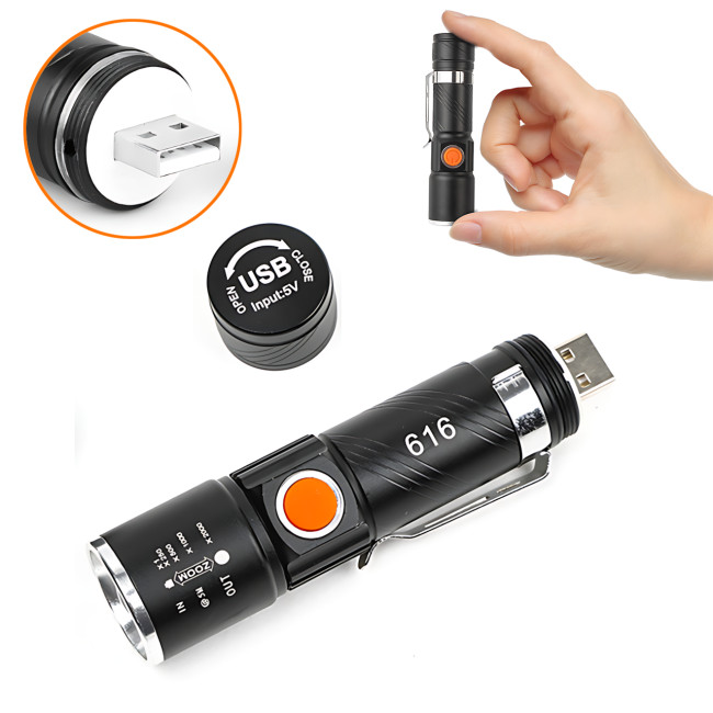 Акумуляторний LED ліхтар Bailong BL-616-T6, XM-L T6, 500 лм, 3 режими, USB-зарядка, вологозахищений, металевий корпус, кліпса